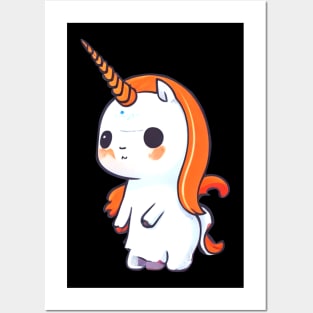 Kawaii Halloween Unicorn - Orange Hair and Spooky Charm Posters and Art